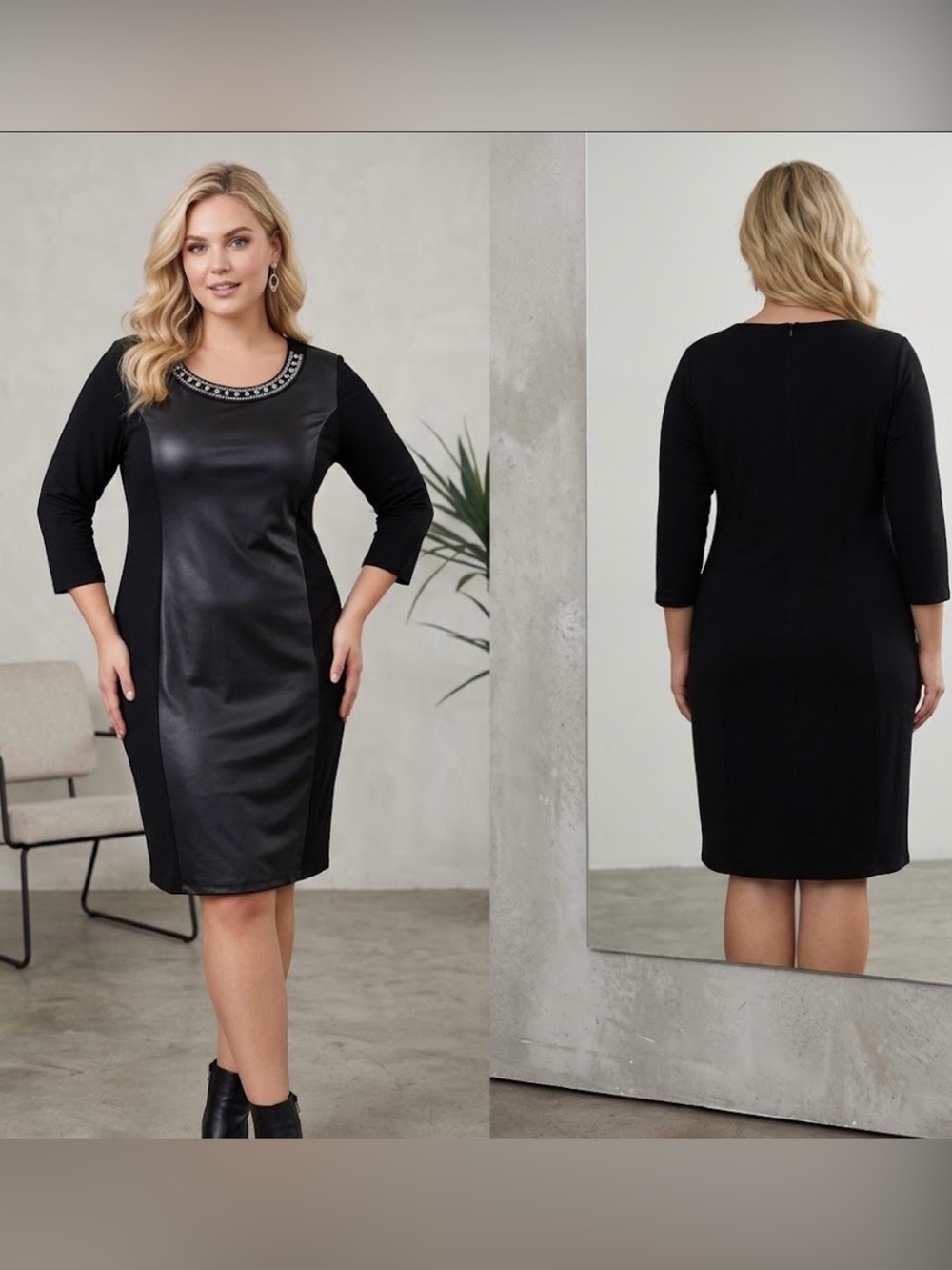 🔴 Elegant Black Faux-Leather Sheath Dress with Embellished Neckline